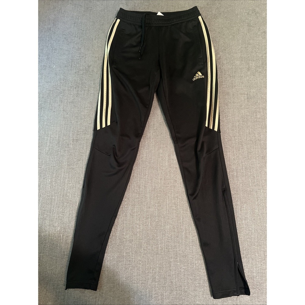 Adidas Tiro Training Track Pants Womens XS Black & Gold Stripes Pockets Zip Leg